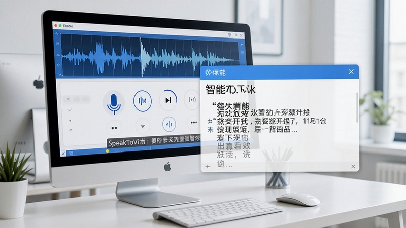 SpeakToViki软件主界面预览图,展示简洁的语音控制面板与实时文字转写区域,背景为现代办公桌面,电脑屏幕显示波形图与字幕,整体色调蓝白相间,突出智能与高效,画面清晰明亮,适合软件介绍场景。