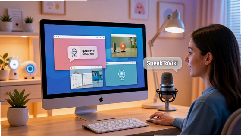 SpeakToViki语音指令操控示意图,展示用户对着麦克风说出指令,电脑屏幕上多个窗口自动切换,背景为智能家居办公场景,体现便捷与科技感,画面色彩明快。