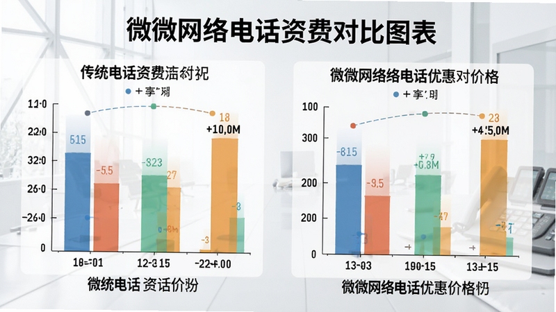 微微网络电话资费对比图表,左侧显示传统电话资费,右侧显示微微网络电话优惠价格,背景为简洁商务风格,图表数据清晰,色彩对比鲜明
