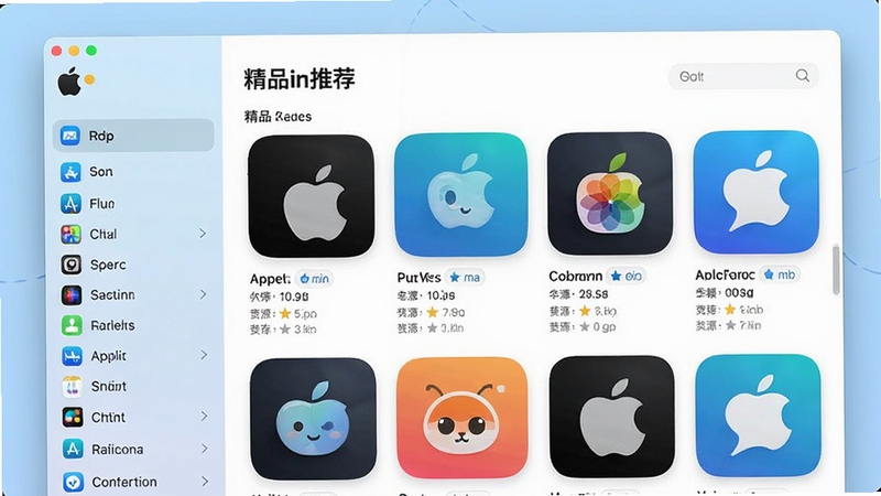 搜苹果软件主界面预览图,展示应用商店风格的资源列表,左侧分类导航栏,右侧精品应用推荐卡片,背景为浅蓝色渐变,界面简洁现代,图标圆润,整体明亮清晰