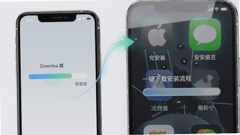 搜苹果软件一键下载安装流程示意图,手机屏幕显示下载进度条,旁边有已完成安装的应用图标,背景为淡灰色,简洁科技感风格,突出流畅与高效