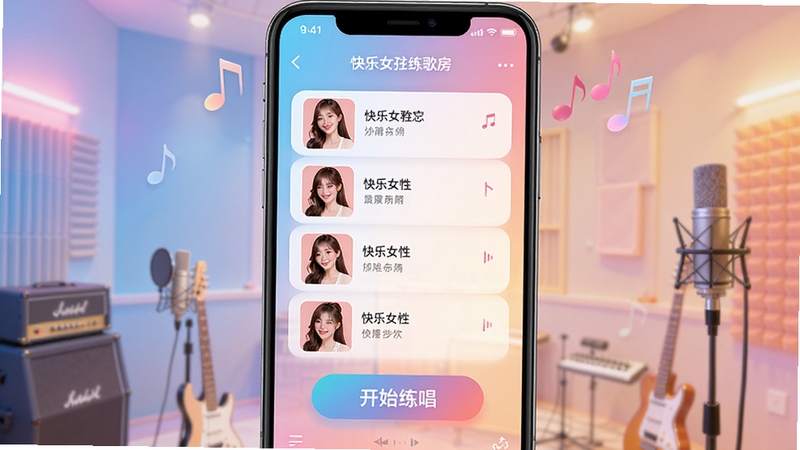 快乐女生练歌房软件主界面预览图,画面中央展示歌曲列表与开始练唱按钮,背景为柔和渐变色调,营造轻松愉快的歌唱氛围,整体风格现代且充满活力,适配移动端竖屏展示。