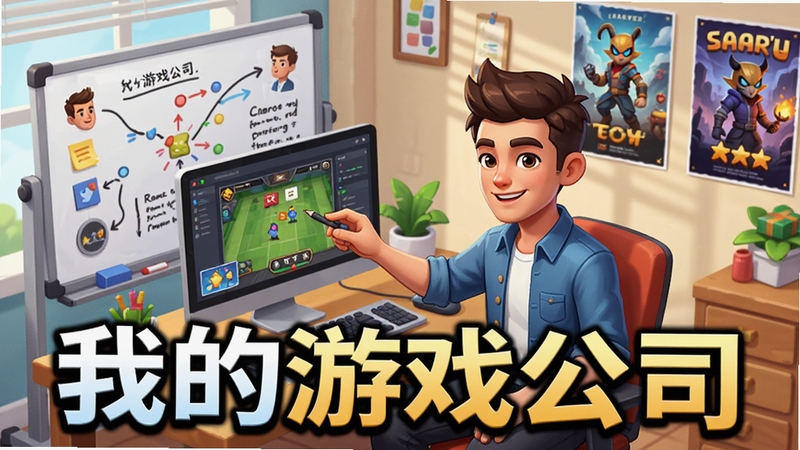 我的游戏公司游戏主界面预览图,展示一位年轻老板在办公室内规划游戏项目,背景有白板、电脑和游戏海报,画面明亮卡通风格,整体呈现创业氛围,突出游戏名称“我的游戏公司”,视角为斜45度俯视,细节丰富,色彩鲜艳,适合作为游戏宣传图