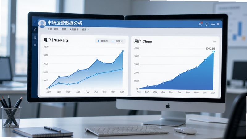 我的游戏公司市场运营数据分析界面,展示折线图和用户增长曲线,背景为办公桌和电脑,商务风格,蓝色主调,突出数据和决策,画面清晰简洁