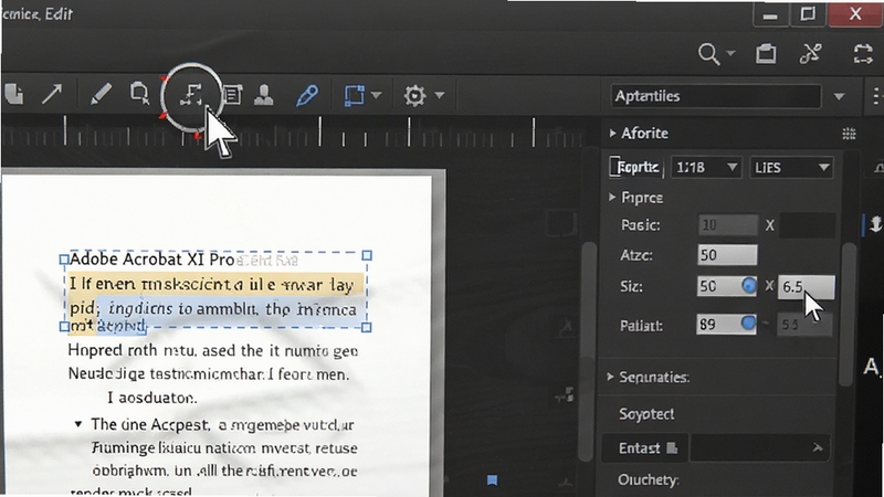 Adobe Acrobat XI Pro编辑功能特写,鼠标指针悬停在工具栏的编辑按钮上,PDF文字被选中高亮,右侧属性面板展示字体、字号调节选项,背景为深色办公桌面,突出软件界面的专业与清晰