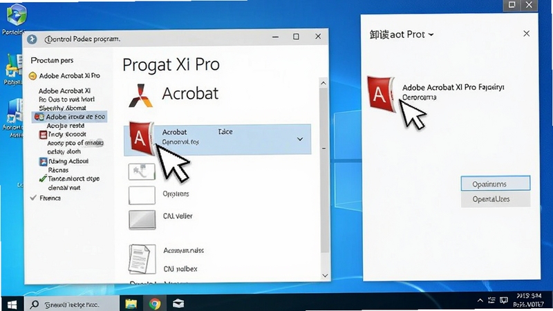 Adobe Acrobat XI Pro卸载与安装教程配图,展示控制面板程序和功能界面,鼠标指向Acrobat图标,右侧显示卸载选项,背景为干净的Windows桌面,风格简洁明了