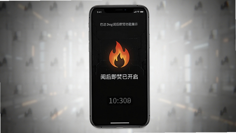 巴达狗阅后即焚功能展示,手机界面显示火焰图标与倒计时提示,背景为暗色系,文字提示“阅后即焚已开启”,整体风格神秘酷炫