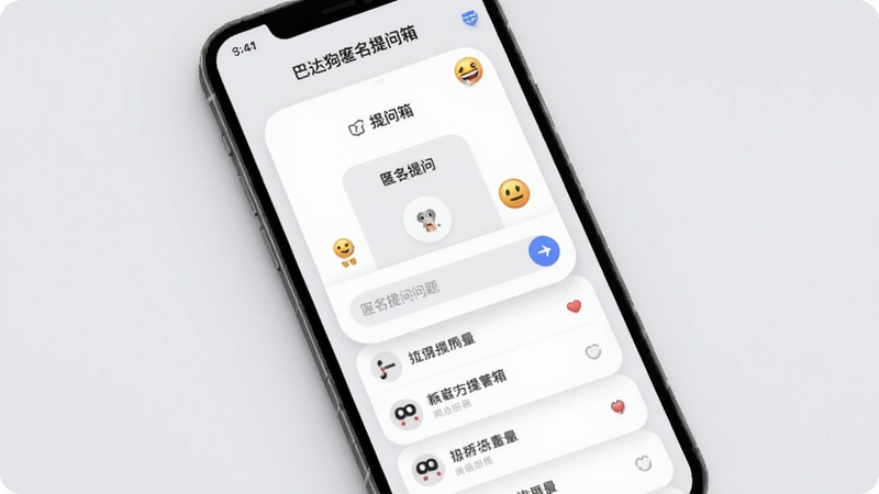 巴达狗匿名提问箱功能界面,手机屏幕显示提问箱卡片、匿名提问输入框、问题列表,背景为浅灰色,卡片圆角设计,带有小表情图标,界面干净清爽