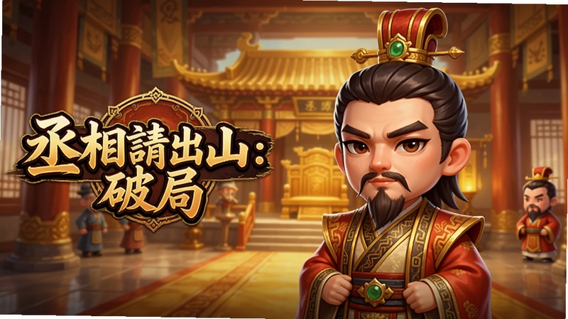游戏主界面预览图,画面中央是身着古代丞相官服的Q版人物,背景为金碧辉煌的古代宫殿,左侧有“丞相出山:破局”字样的游戏Logo,整体色调以暖黄和朱红为主,营造出浓厚的古风氛围,画面清晰细腻,适合作为游戏宣传图
