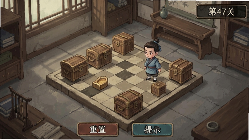 游戏关卡截图预览,画面展示一个古代书房内的谜题场景,地上有方格棋盘,棋盘上摆放着几个木质箱子和一名书童角色,右上角显示关卡序号“第47关”,界面下方有“重置”、“提示”等按钮,整体风格古朴素雅,色彩柔和