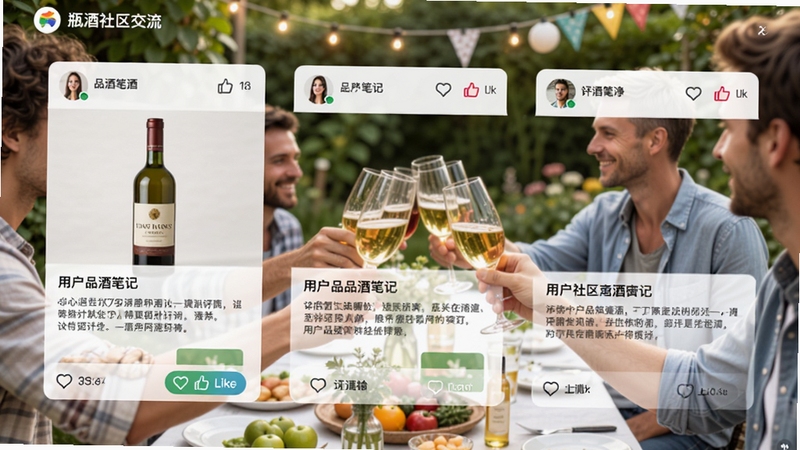 有瓶酒社区交流页面,用户发布的品酒笔记动态卡片排列,包含酒瓶照片和文字评价,有评论和点赞按钮,整体界面清新明快,背景是户外花园聚会场景,人们举杯畅谈