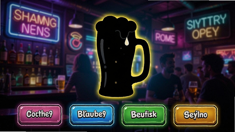 有瓶酒猜酒游戏截图,屏幕上显示一款啤酒的剪影轮廓,下方有四个选项按钮,界面充满趣味性和挑战氛围,背景是酒吧风格的霓虹灯光,色彩鲜艳活泼