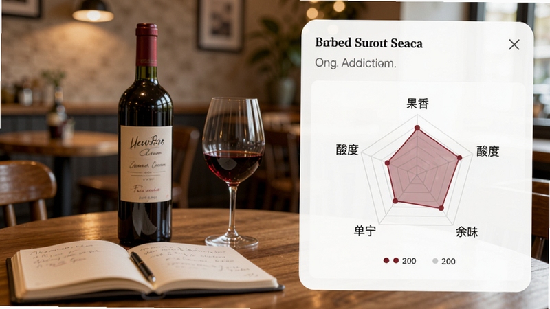 有瓶酒品鉴记录界面,展示用户为红酒添加的评分和风味雷达图,包括果香、酸度、单宁、余味等维度,页面设计简洁现代,数据可视化清晰,背景是舒适的咖啡馆环境,桌上摆放着笔记本和酒杯