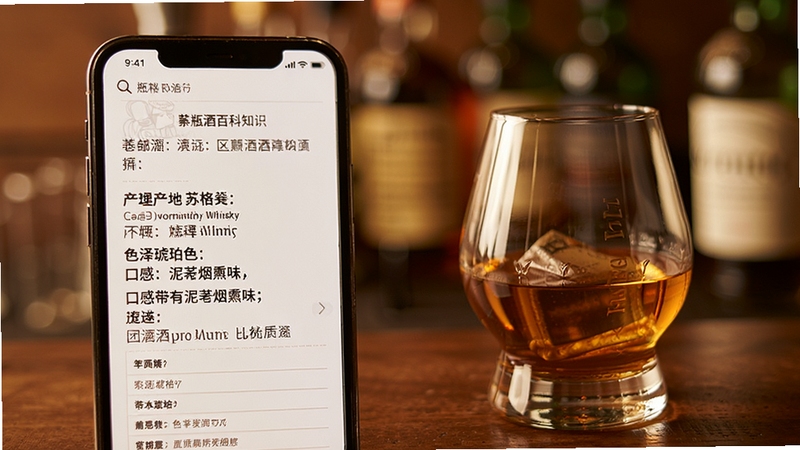 有瓶酒百科知识页面展示,手机屏幕上显示一款威士忌的详细介绍,包括产地苏格兰、色泽琥珀色、口感带有泥煤烟熏味等文字信息,旁边配以酒杯特写照片,背景虚化处理突出主体,整体色调温暖柔和