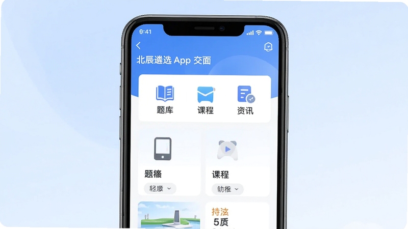������ѡapp�������ͼ��չʾ��ҳ����ģ�飬������⡢�γ̡���Ѷ����ڣ�����Ϊ����ɫ���䣬���������ִ����ֻ�������ʾ��UI����������ʺ���������Ԥ��ͼ