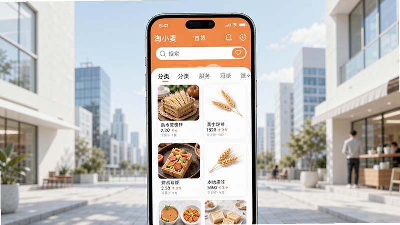 淘小麦app界面预览图,展示首页丰富的商品推荐、分类导航与搜索栏,背景为现代简约风格的城市生活场景,整体色调明亮清新,突出便捷购物与本地生活服务主题