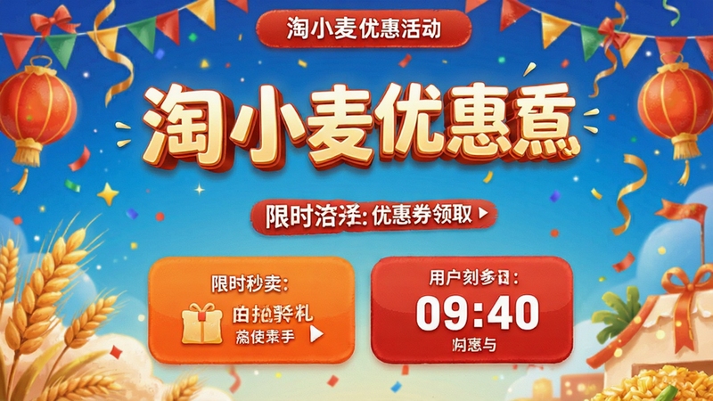 淘小麦优惠活动页面设计图,展示限时秒杀、优惠券领取入口与倒计时元素,背景为节日庆典风格,色彩鲜艳活泼,突出折扣力度与用户参与感