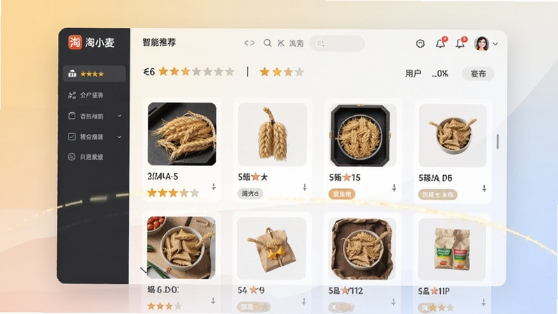 淘小麦智能推荐界面示意图,展示个性化商品列表、用户评分与标签,背景为柔和渐变色,突出算法驱动的精准匹配与丰富商品展示