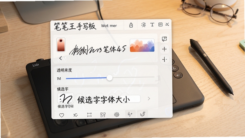 ��������д����Ի����ý���Ԥ��ͼ����ʾ�ʼ���ɫѡ������͸���ȵ��ڻ���ͺ�ѡ�������Сѡ�����Ϊǳɫľ�����棬��д�ʷ���һ�ԣ������Χ���ʣ�ͻ�������ĸ��Ի����ƹ��ܣ���������Ϊ���ô��ں���д���豸����������