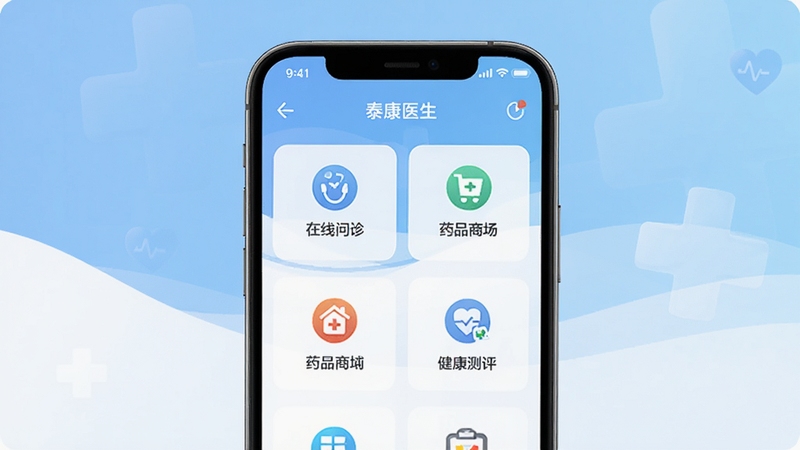 ̩��ҽ��APP������չʾ�������������ֻ���Ļ��д����Ļ����ʾ�����Ĺ���ģ��ͼ�꣬���������ҩƷ�̳ǡ����������ȣ�����Ϊ��͵����׽���ɫ��������רҵ�����Σ��������ִ���࣬ͻ��ҽ�ƽ�������