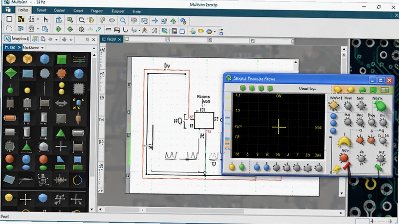 Multisim��·��������������Ԥ��ͼ��չʾԪ������塢ԭ��ͼ�༭��������ʾ�������ڣ��ִ�����������Ĺ��������֣�ɫ������������Ϊ��ɫ��·������