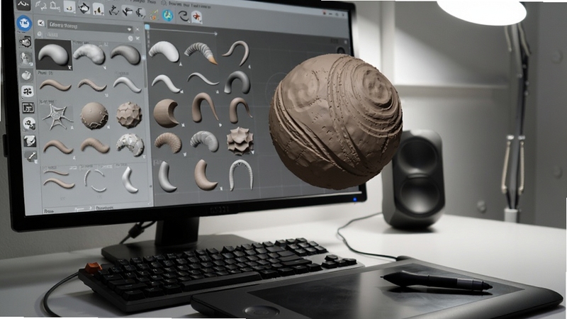 ��д��ͷչʾZbrush���������еı�ˢ��壬��Ļ�������Ŷ�����״����ı�ˢͼ�꣬�Ա���һ�����ڱ���̵�3D���壬���������ֳ�ϸ������������͵�̺ۼ��������·��ǵ��Լ��̺���λ�壬��λ���ϰڷ���ѹ�бʣ���ʾ���������ڴ����������Ǽ��Ĺ����һ��������߾۽�����Ļ����λ���ϣ�ͻ����ˢϵͳ�Ķ����Ժ;�ϸ��̵���Ȥ��