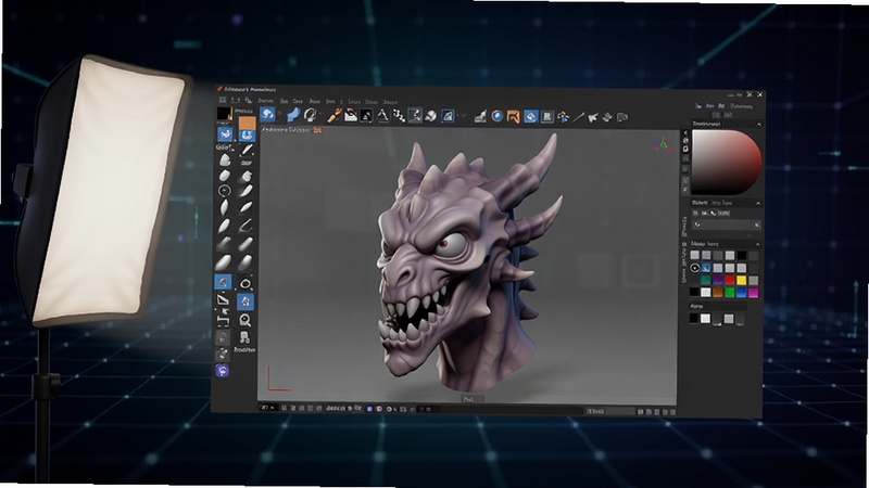 һ��������������������̨���������������������е�Zbrush�������棬������չʾ��һ����ϸ��3D����ͷ��ģ�ͣ���Χ�����Ÿ��ֱ�ˢͼ��͵�ɫ�塣����Ϊ��ɫ���䣬��׺�ų�������������ߣ�Ӫ���רҵ�߶˵Ĵ�����Χ�����������һյ�����䣬��������ģ����ͻ��ϸ�ڡ�������дʵ��ɫ�ʱ�����ͻ��Zbrush������ǿ���̹��ܡ�