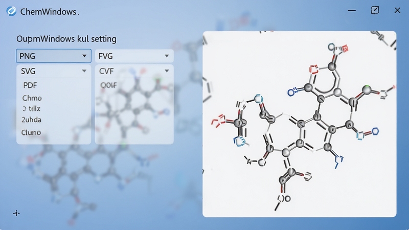 ChemWindows�������ý��棬��ʾ�����ʽѡ�����PNG��SVG��PDF�ȣ�����Ϊ��͵���ɫ���䣬�Ҳ�Ԥ������չʾһ�����ӽṹͼ�ĸ���ϸ�ڣ����廭��ɾ�רҵ��ǿ���߾�������ʽ����