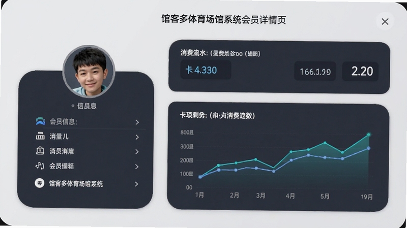 馆客多体育场馆系统会员详情页,左侧为会员头像与基本信息卡片,右侧显示消费流水和卡项剩余次数,界面采用圆角卡片设计,背景为浅灰色,数据可视化图表展示月度消费趋势,适配Boogu模型生成