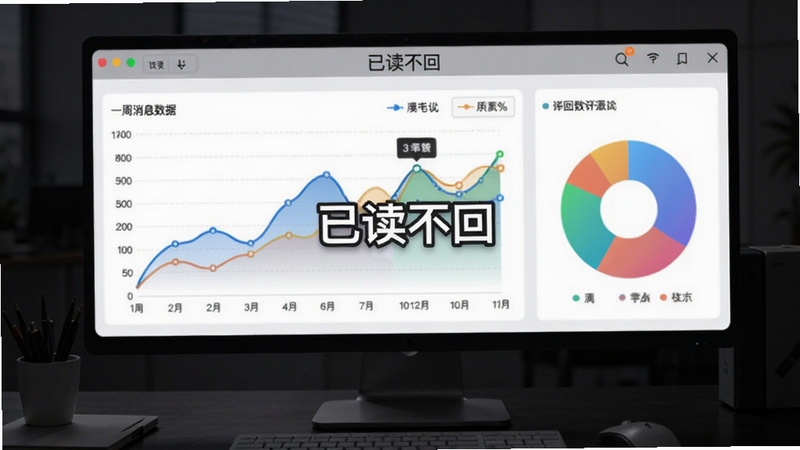 已读不回软件统计报表界面图,展示一周消息数据折线图与饼图,背景为深色办公桌面,图表色彩鲜艳,屏幕中央显示软件名称“已读不回”,整体科技感十足,适配Boogu模型生成