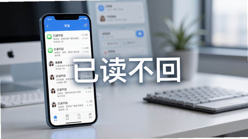 已读不回软件主界面预览图,展示消息列表与状态管理面板,背景为现代简约办公桌,手机屏幕亮起显示软件界面,整体色调清新蓝白,画面中心突出软件名称“已读不回”,背景虚化处理,适配Boogu模型生成