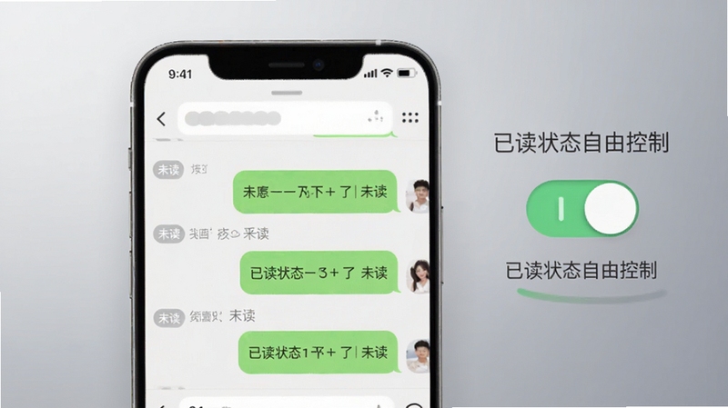 已读不回软件功能展示图,手机屏幕显示聊天界面,消息气泡带有“未读”标记,背景为柔和渐变灰色,画面右侧有一个控制开关按钮,突出“已读状态自由控制”功能,整体风格干净清晰,适配Boogu模型生成