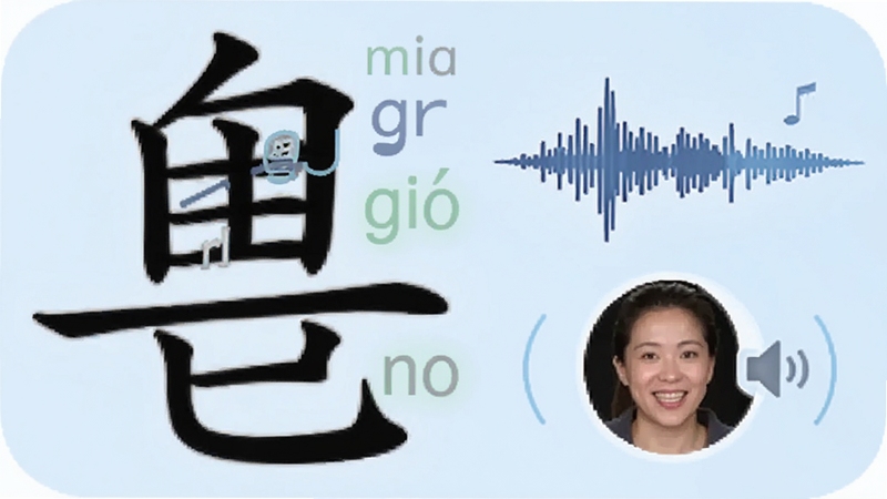 粤音软件发音功能详解图,画面展示一个放大的汉字及其粤拼标注,旁边有波形图与真人发音头像图标,背景为柔和的浅蓝色调,突出听觉与视觉结合的学习场景。