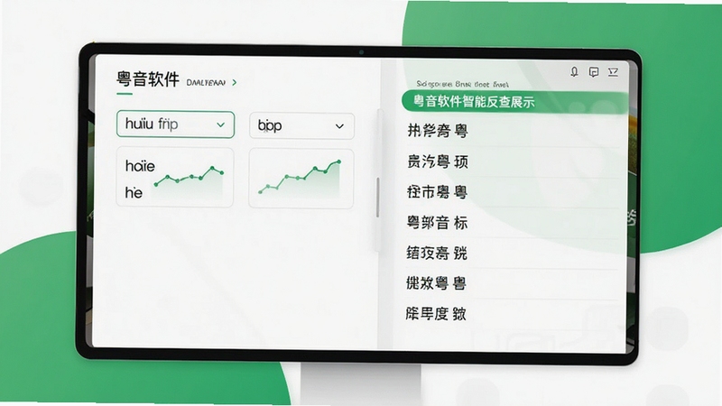 粤音软件智能反查功能展示,界面分为左右两栏,左侧输入拼音,右侧列出对应汉字列表,背景为现代简约的白色与绿色搭配,体现高效便捷的操作体验。