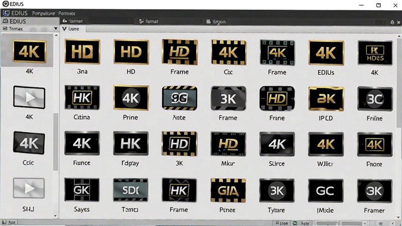 EDIUS 软件素材库界面,展示多种格式的视频文件图标,包括 4K、HD、不同帧率素材,背景为浅灰色,图标排列整齐,强调软件的广泛兼容性