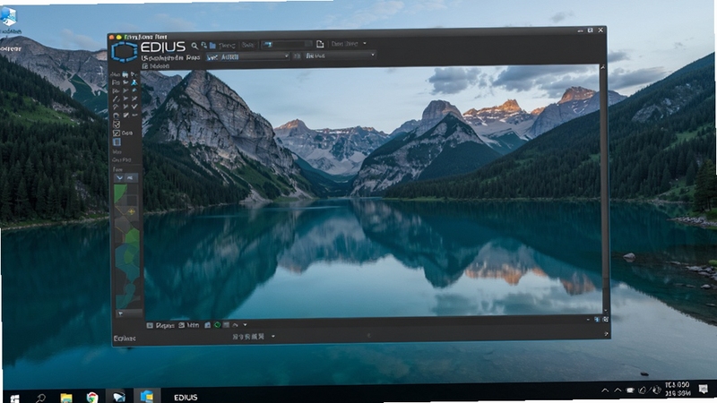 EDIUS 软件运行在 Windows 桌面上的截图,任务栏显示软件图标,桌面背景为自然风光,画面清晰,展示软件在电脑上的实际应用场景