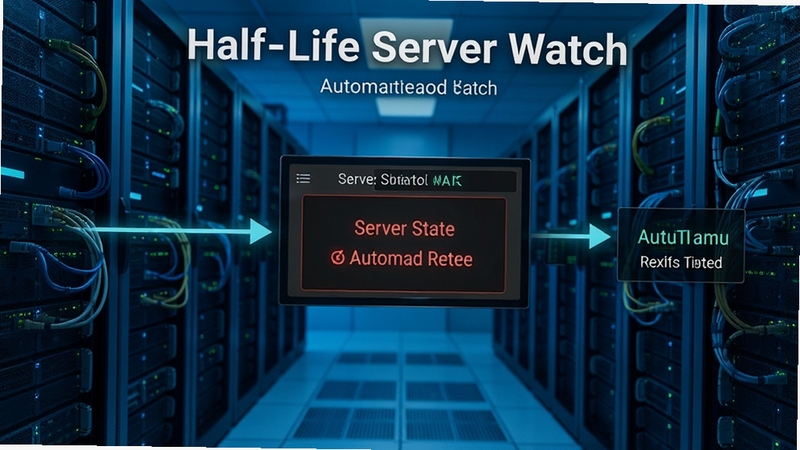 Half-Life Server Watch 自动重启功能示意,画面显示服务器状态异常后自动恢复的流程,背景为机房服务器场景,色调偏冷,突出智能自动化特征