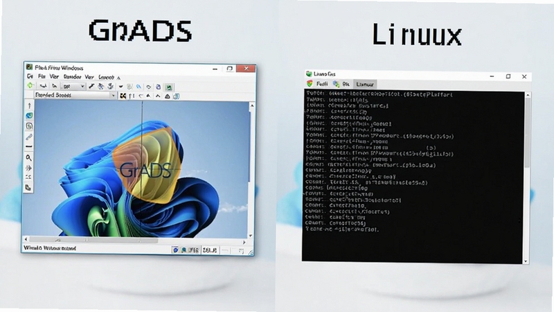 GrADS软件在Windows和Linux系统上运行的对比截图,左侧为Windows窗口,右侧为Linux终端,展示跨平台特性,背景简洁明亮