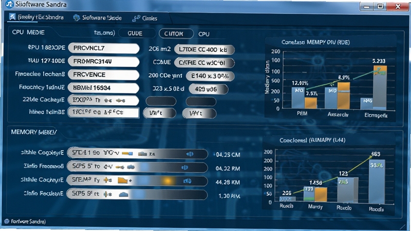 SiSoftware Sandra的硬件识别界面,展示CPU和内存的详细参数,包括型号、频率、缓存大小,界面采用蓝色调,信息以列表和图表形式呈现,背景为深色,突出数据细节