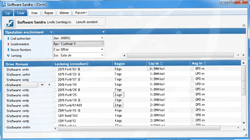 SiSoftware Sandra的软件环境分析界面,显示操作系统信息和驱动列表,界面以蓝色和白色为主,信息排列整齐,背景为浅色