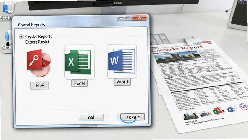 Crystal Reports 报表导出格式选择对话框,展示PDF、Excel、Word等格式图标,背景为干净的桌面环境,一份打印出来的报表样张放在旁边,光线明亮,细节清晰。