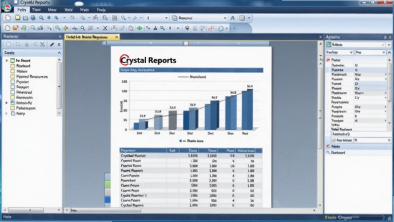 Crystal Reports 软件主界面预览图,画面中央是一个包含图表和数据网格的报表设计器,左侧是字段资源管理器面板,右侧是属性设置区域,整体采用蓝白相间的现代商务风格,背景虚化处理突出软件主体,高清渲染。