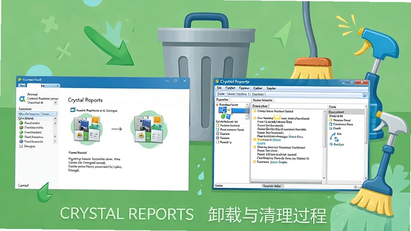 Crystal Reports 卸载与清理过程示意图,画面展示控制面板卸载界面与注册表编辑器窗口,背景有垃圾桶图标和清洁工具元素,风格简洁明快。