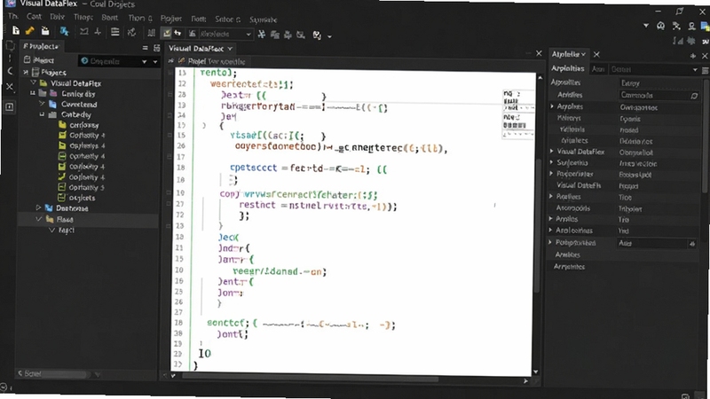 Visual DataFlex 代码编辑界面,显示彩色语法高亮代码,左侧项目树,右侧属性面板,背景为深色主题,现代IDE风格