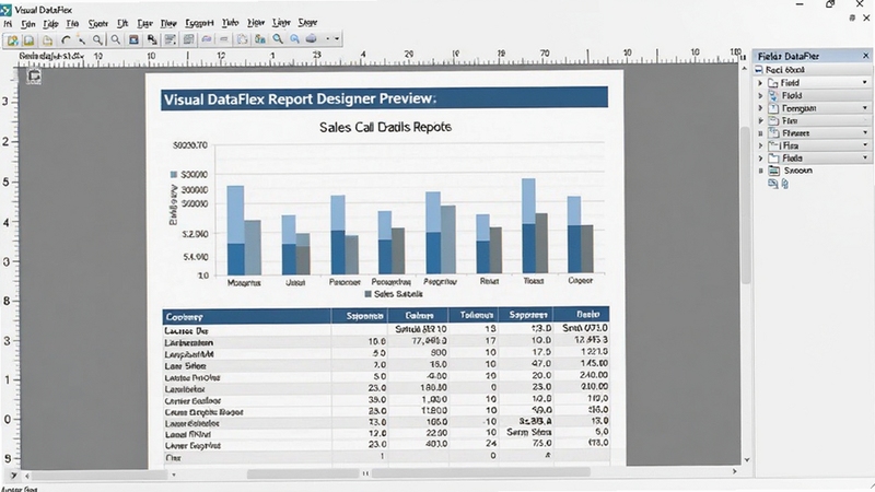 Visual DataFlex 报表设计器预览图,展示一个销售数据汇总报表,包含柱状图与数据表格,界面带有标尺与字段工具箱,背景为淡雅灰色,突出报表的清晰布局与专业感