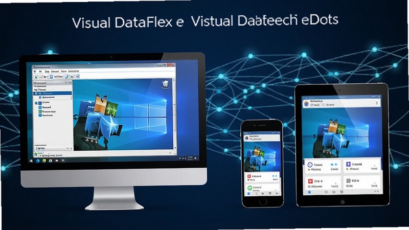 Visual DataFlex 跨平台应用运行示意图,左侧为桌面电脑显示Windows程序界面,右侧为手机和平板显示相同功能的移动端界面,背景以抽象网络连接线点缀,突出多端协同与数据同步概念