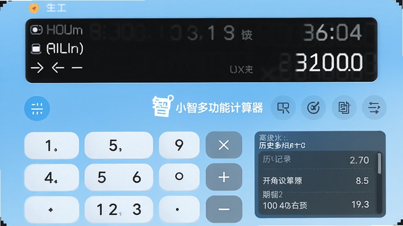 小智多功能计算器界面预览图,显示主界面上的数字按键、功能图标与历史记录区域,整体风格现代简约,背景为浅蓝色渐变,计算器按键布局清晰,屏幕中显示计算过程与结果,画面中心突出小智多功能计算器品牌标识,适配Boogu模型生成