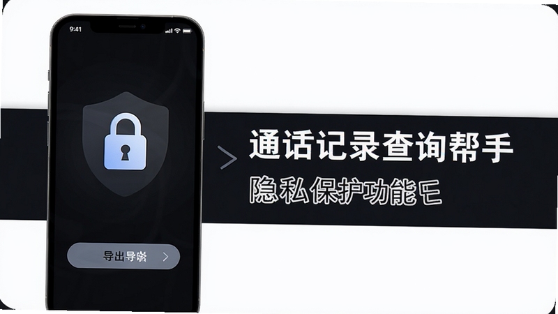 通话记录查询帮手隐私保护功能展示,手机屏幕显示加密锁图标和导出选项,背景为深色系,突出安全感和软件名称