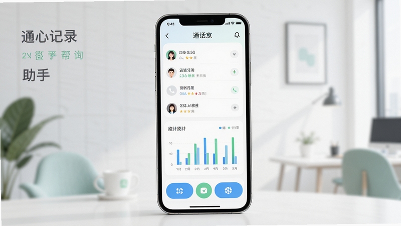 通话记录查询帮手全貌展示,手机界面显示通话记录列表、统计图表和功能按钮,背景为现代简约风格,色彩清新,突出软件名称和核心功能,画面主体居中,细节丰富,适合作为软件介绍主图