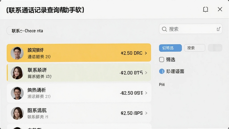 通话记录查询帮手软件界面,展示通话记录列表、搜索框和筛选选项,高亮显示联系人姓名和通话时长,背景为浅色系,简洁清晰,突出软件名称和功能